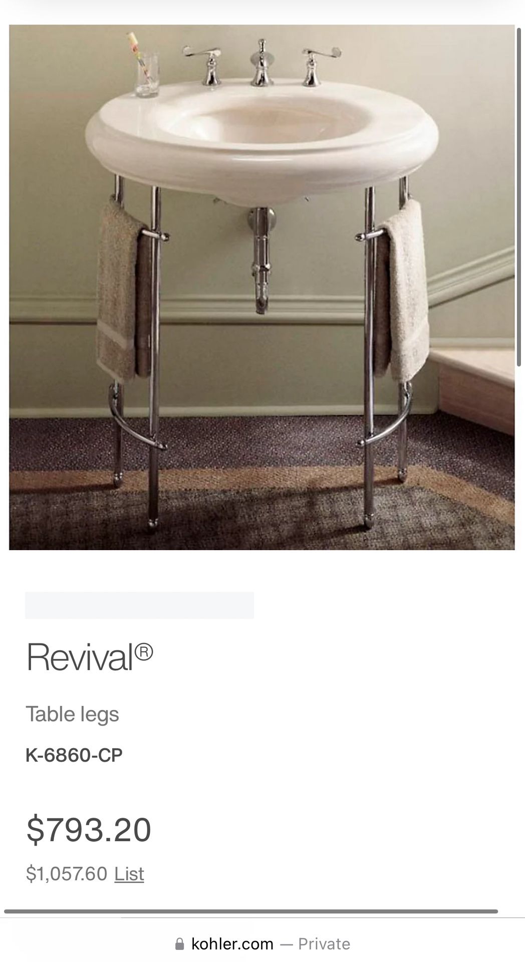 Antique Kohler Revival Pedestal Sink W/ Metal Legs