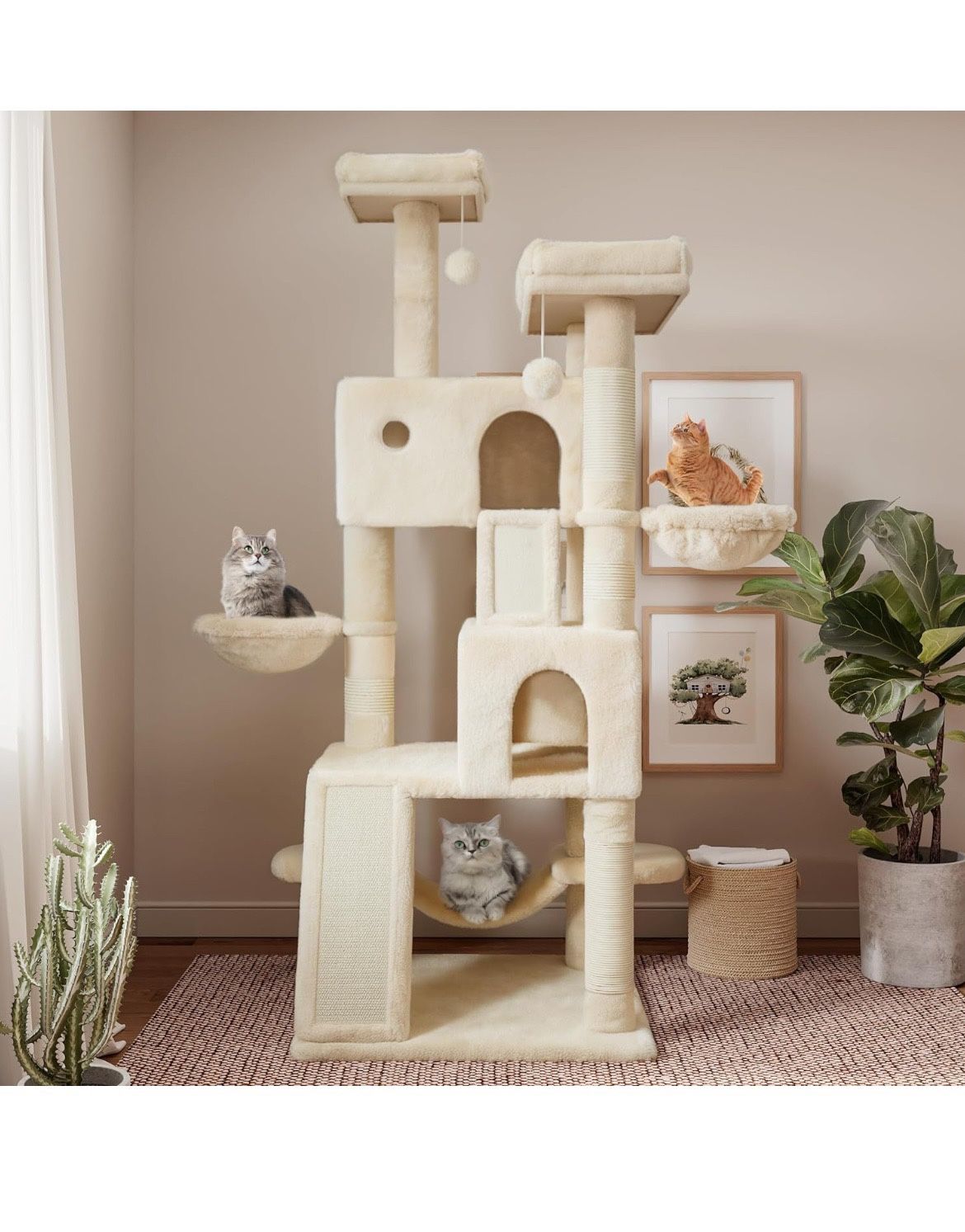 65in Larger Cat Tree Tower Condo for Indoor Cats, Multi-Level Furniture Activity Center with Wide Base/Cozy Plush Cat Perches/Baskets/Sisal