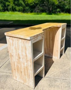 50x16”x 28.5”H! DIY Modern Craft Table Featuring a natural wood top & distressed white-painted cubby bases:Craft table, sewing table, or hobby desk! A