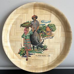 Vintage Bamboo Serving Tray Philippines Pilipino Rural Life Round Colorful