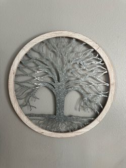 Round Wood & Silver Metal Tree Wall Art