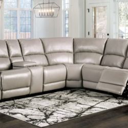 Brand New Grey Top Grain Leather Power Reclining Sectional Sofa