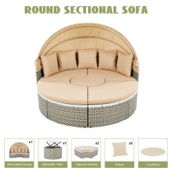 TOPMAX Patio Furniture Round Outdoor Sectional Sofa Set Rattan Daybed Two-Tone Weave Sunbed with Retractable Canopy, Separate Seating and Removable Cu