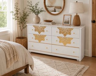 ✨ Stunning Boho Gold & White 6-Drawer Dresser ✨