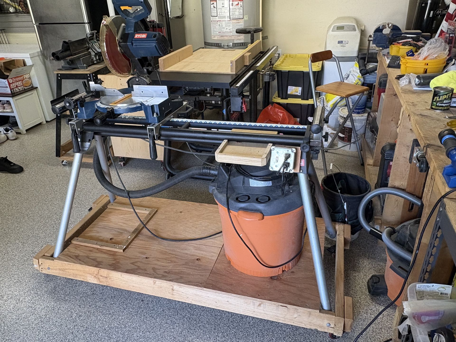Ryobi 10" Compound Miter Saw & Stand plus RIGID Vac, all mounted on rolling cart
