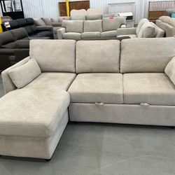 Beige Pullout Sofa With Storage Chaise 