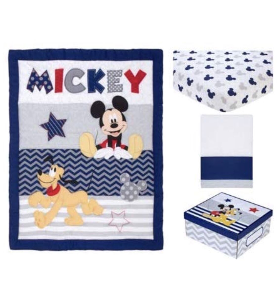 Disney Mickey Pluto Baby Bed Crib Bedding Set 4 Piece Comforter, Fitted Sheet, Crib Skirt & Keepsake Box Kids Toddler Bed New!