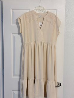Cream Tiered Midi Dress with Lace Trim