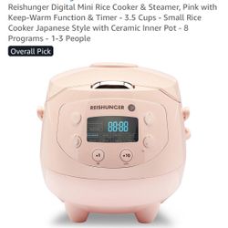 Reishunger Digital Mini Rice Cooker & Steamer, Pink with Keep-Warm Function & Timer - 3.5 Cups - Small Rice Cooker Japanese Style with Ceramic Inner P