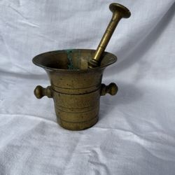 Antique Heavy Solid Brass Mortar And Pestle, Apothecary