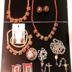 Lot of 10 Religious Beaded Clear  Rosaries,Wood Necklaces, Earrings,Dear Eye Charm