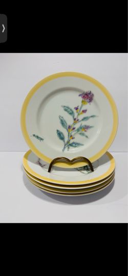Williams Sonoma Flowering Herbs Yellow Rim Set of 5 Salad Plates 8.25” made in Japan. Botanical floral illustration with a delicate butterfly accent a