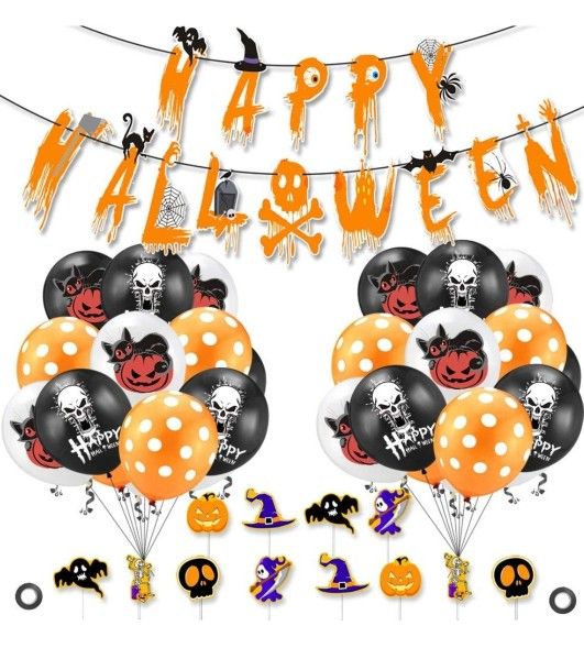 Halloween Party Decorations Set - Happy Halloween Banner, 20Pcs Latex Ballons with Ghost Pumpkin, Halloween Pluggable card for Home Indoor Yard (35 Pc