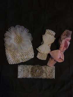 Flower Headband Hat, Baptism Rhinestone Headband, Pink Lace Headband, White Gold Polka Dot Headband