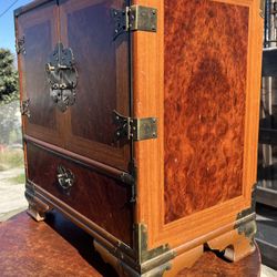 Vintage Teak & Burl Wood Tansu Cabinet Chest Jewelry Box Brass Fittings