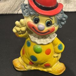 Vintage Plastic Piggy Coin Bank Clown 8” Yellow Groovy Peace Sign Polka Dots W/ Plug. 7.5” tall