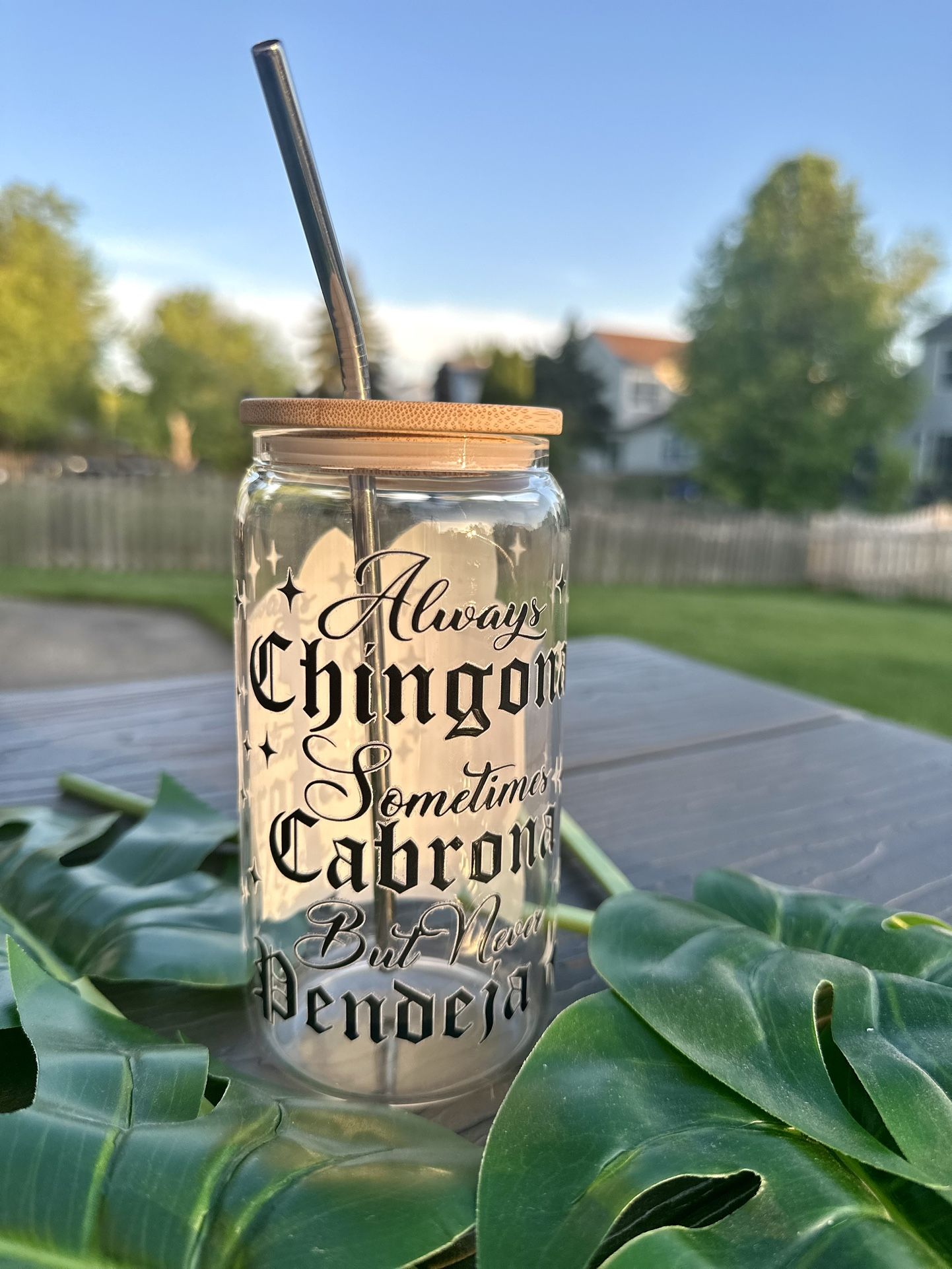 16oz Glass Cup With Bamboo Lid And Metal Straw