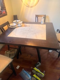 Dark Wood Dining Table with Marble Inlay