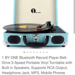 1 BY ONE Bluetooth Record Player Belt-Drive 3-Speed Portable Vinyl Turntable with Built in Speakers, Supports RCA Output, Headphone Jack, MP3, Mobile 