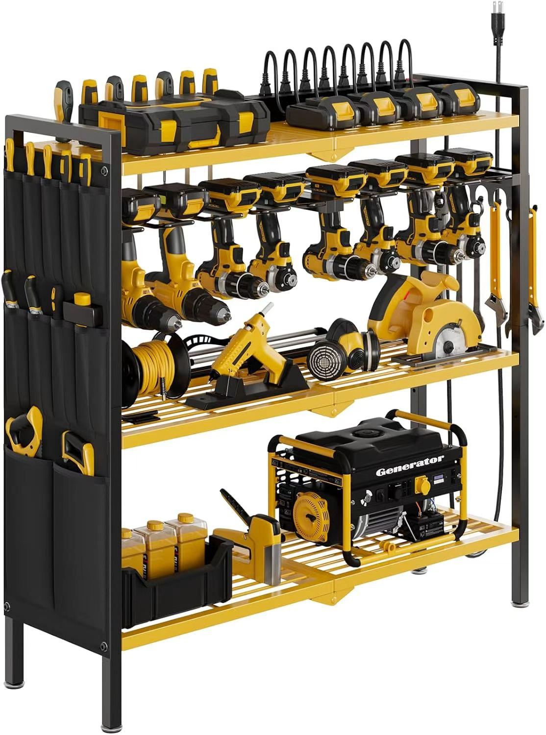 Large Power Tool Organizer Cart with Charging Station 8 Drill Holder (Black/RED/YELLOW)