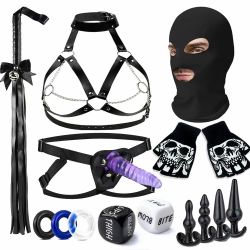Wearable Bondage Kit Set, 16 PCS Restraints Set with Adjustable Harness, Cuffs, Blindfold and Accessories, Durable and Easy to Use (Purple)