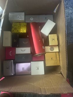 Box full of perfumes and cologne