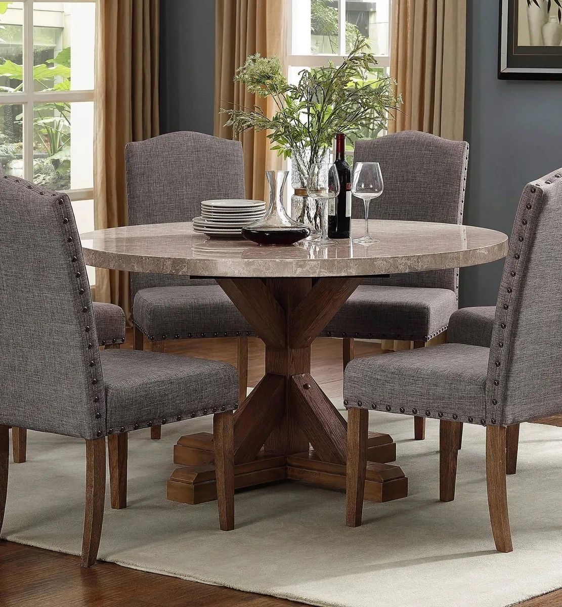 Mega Sale! Almost Sold Out! 7 PCS Barbara II Collection Round Genuine Marble top Dining table set Now 898.00 Free 🚚