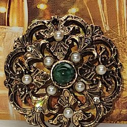 #1615, RARE VINTAGE BROOCH, SEED PEARLS, MUSCOVITE STONES, & CRYSTAL
