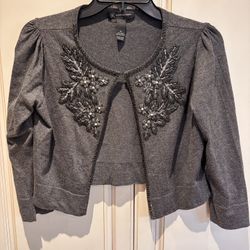INC International Concepts Size M charcoal gray crop embroidered sweater has one front clasp