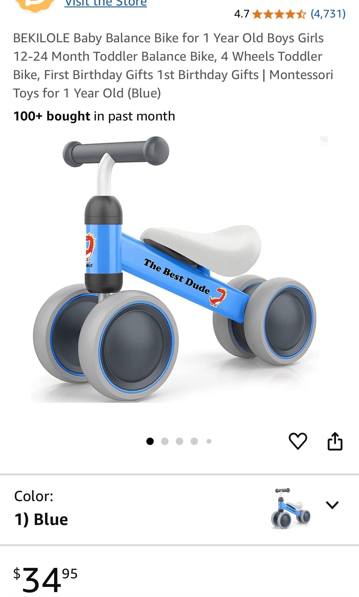 BEKILOLE Baby Balance Bike for 1 Year Old Girl 10-24 Month 4 Silent Wheels