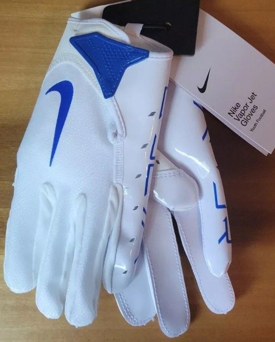 Brand New Nike Vapor Jet Football Gloves White Blue Kids YOUTH Sizes Small, Medium, Large