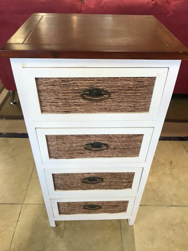 White Wood Wicker Chest of Drawers / Storage Chest