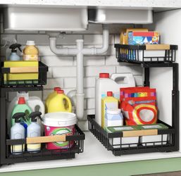 Under Sink Organizer, 2 Tier Under the Sink Storage, Slide out Pull out Cabinet Organizer Shelf, Metal Sliding Drawer for Kitchen Bathroom Pantry Clos