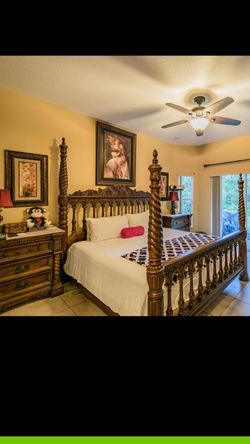 Beautiful king bed Rooms set 3 night tables king side bed frame and mirror cabinet real wood I pay $7,000 but im moving to small place