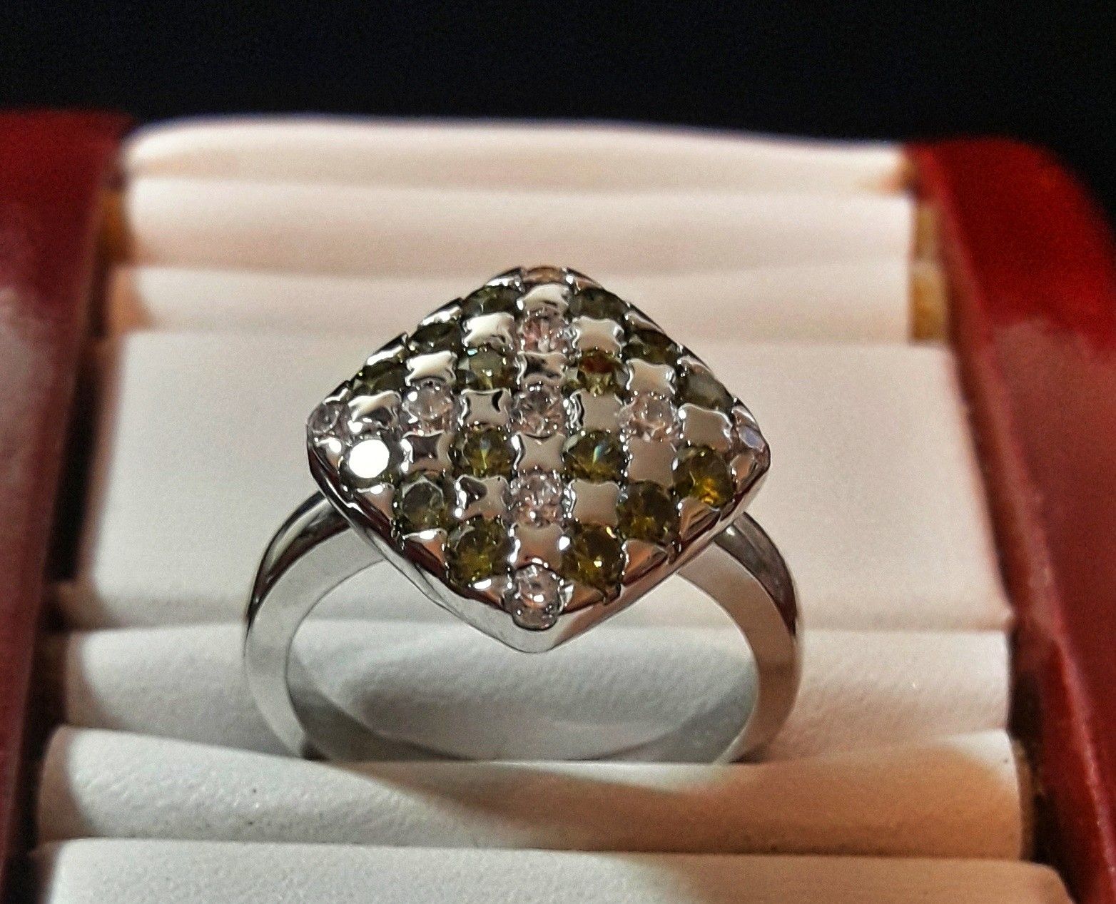 925 EP Multi-Gemstone Cocktail Ring, (16) Square Cut Peridot Gemstones & (9) White Topaz Gemstones, Size 7.75