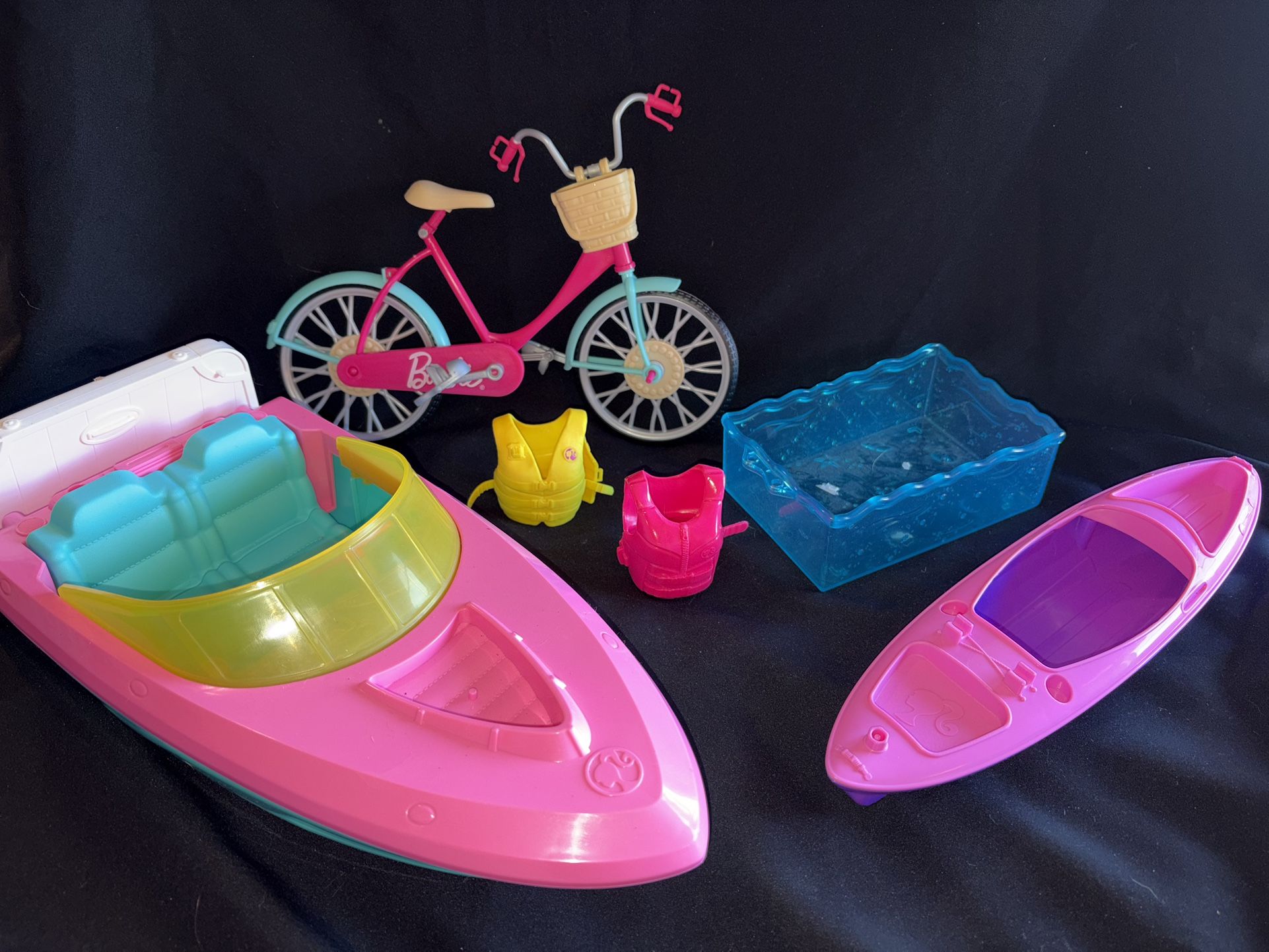 Barbie Boat, Canoe, Pool, Bike and Life Vests- used- LOTM
