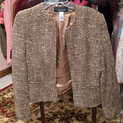 Jones New York Women's Collarless Tweed Blazer Jacket in a Brown Boucle Pattern.