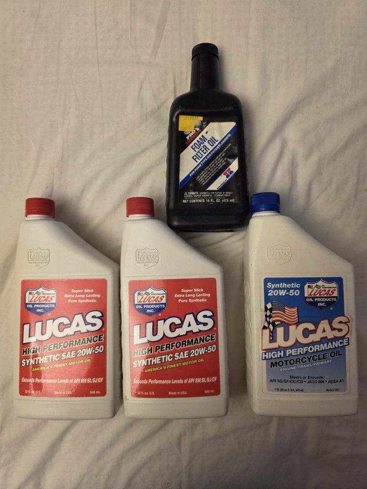 Brand New: 2 Lucas Synthetic SAE 20W-50 Motor Oil, 1 Lucas Motorcycle Oil, 1 Pro Honda Foam Filter Oil.