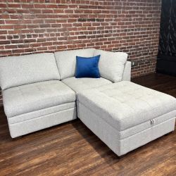 Delivery Available Thomasville gray loveseat w storage ottoman