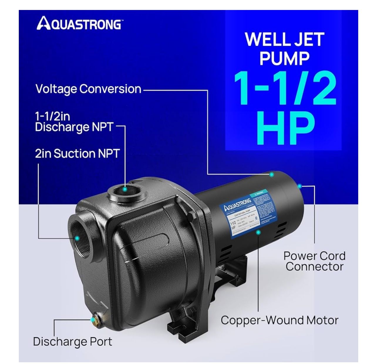 AQUASTRONG 1.5 HP Shallow Well Jet/Centrifugal Pump, 4250 GPH, 115/230V, Durable Cast Iron Booster Pump for Lawn Sprinkler, Garden Irrigation