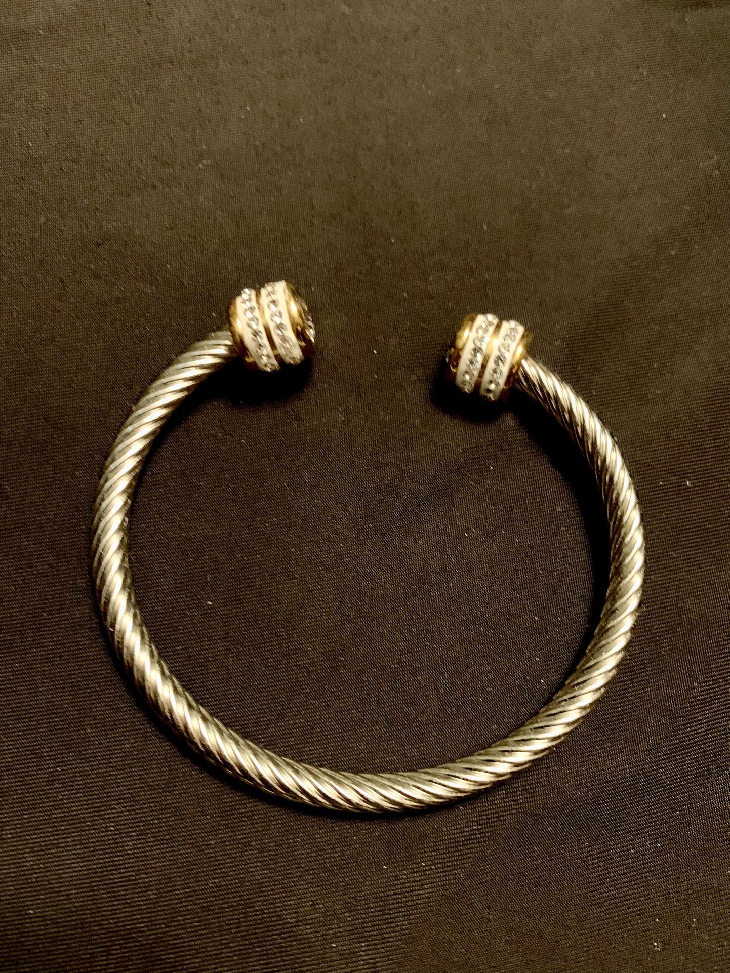 Wire Cable Silver Rope Cuff Bangle Bracelet With Sparkling Crystal