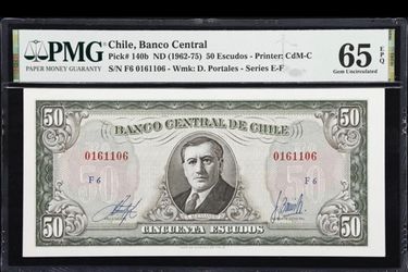 1962-75  Chile Banco Central 50 Escudos PMG Gem Unc. 65 EPQ