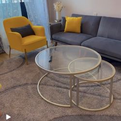 Modern velvet living room set in excellent condition - almost like new! Includes: • 1 gray velvet sofa • 6 matching pillows • 2 yellow velvet accent c