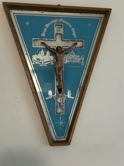 Good God this is fabulous; Vintage 1940s Made in Mexico Crucifix on Reverse Painted Glass: