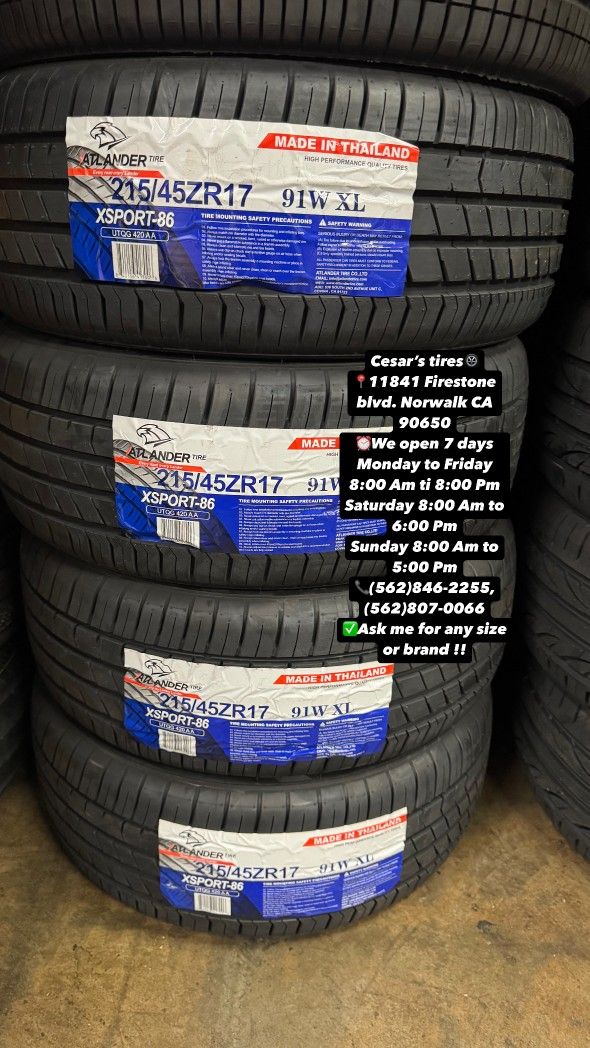 215/45R17 ATLANDER A SET OF FOUR NEW TIRES, INCLUDES MOUNTING AND BALANCING WITH WARRANTY, ASK ME FOR ANY SIZE OR BRAND, WE HAVE THE BEST PRICES!!