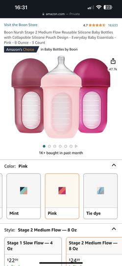 Boon Nursh Stage 2 Medium Flow Reusable Silicone Baby Bottles with Collapsible Silicone Pouch Design - Everyday Baby Essentials - Pink - 8 Ounce - 3 C