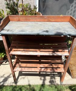 Pending Sale…..Outdoor Wood Potting Bench with Metal Top