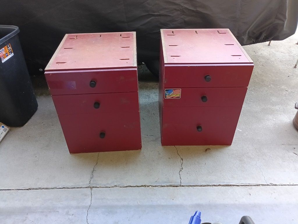 Red wooden filing cabinets end tables night stands