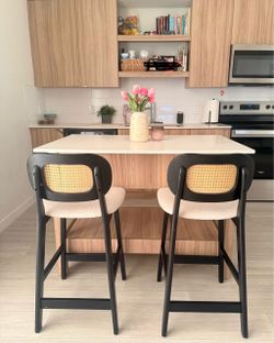 Set of 2 Counter/Bar Stools - Cane Back & Cream Seat - 37” Tall