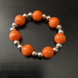 Orange, Wood Beads And Silver Beads Bracelet